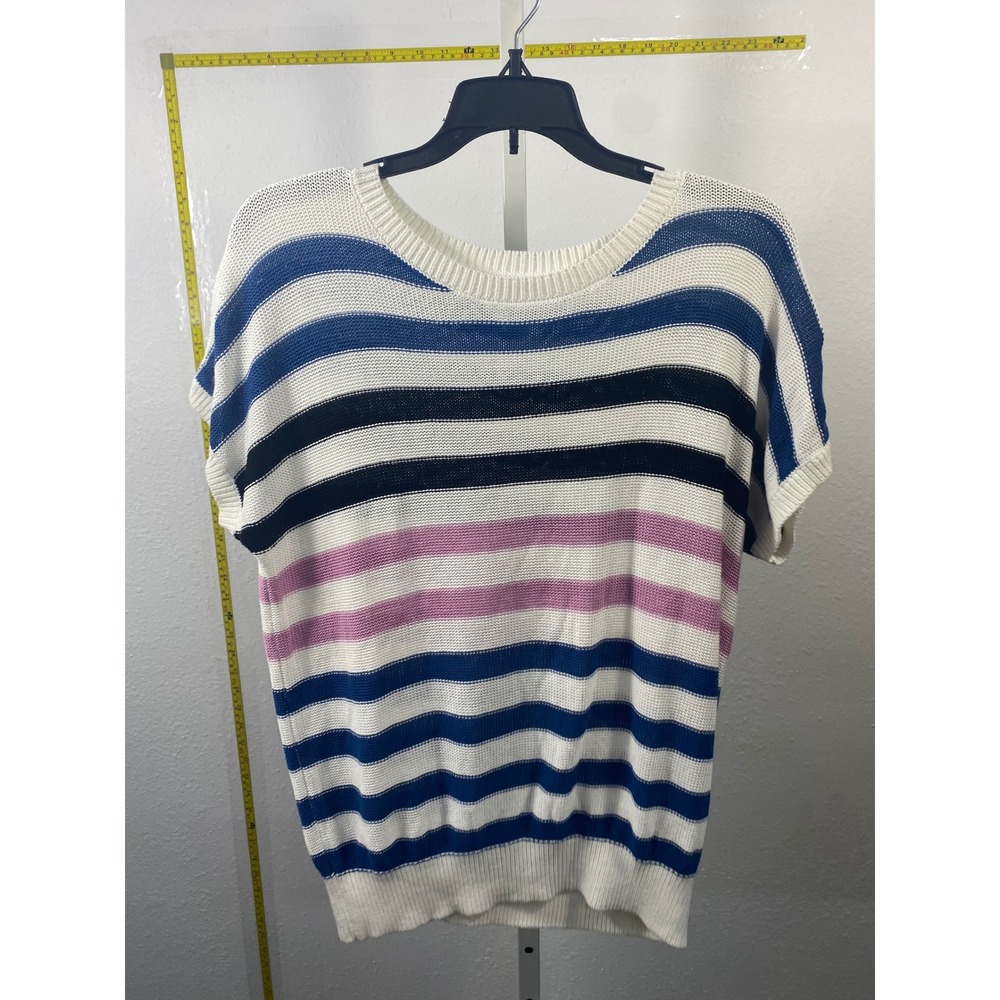 Short Sleeve Striped Knit Sweater White Blue Pink Crew Neck‎ Dolman Top